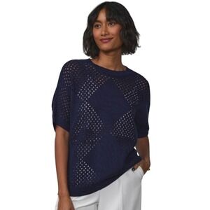 NY & Company Navy Blue Diamond Open Knit Short Sleeve‎ Sweater Top L